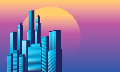 Ilustración vectorial de horizonte de ciudad en puesta de sol, amanecer o atardecer en tonos azules y morados.