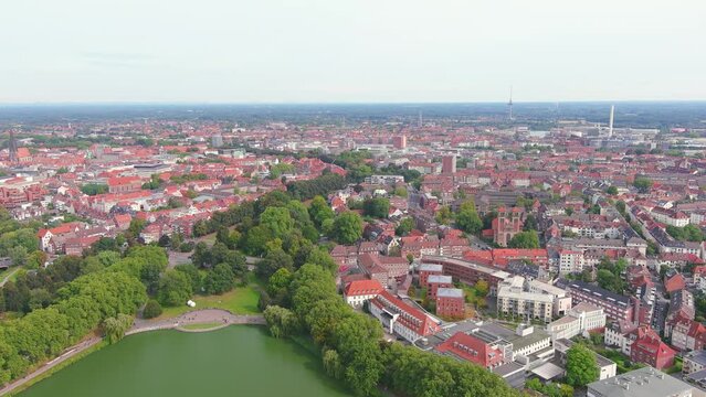 Munster: Aerial view of city in Germany, Recreational lake M&uuml;nstersche Aa (Aasee) - landscape panorama of Europe from above
