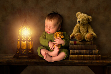 Baby on shelf with lantern