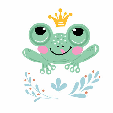 Cute frog with crown and leaves. Perfect for postcards posters prints on t-shirts mugs pillows. Vector graphics isolated on white background.