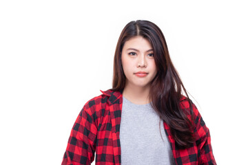 Image of feeling smile and happy. Cheerful young asian woman with brunette long hair in casual shirt smiling with teeth on white background. Female face expressions and emotions concept.