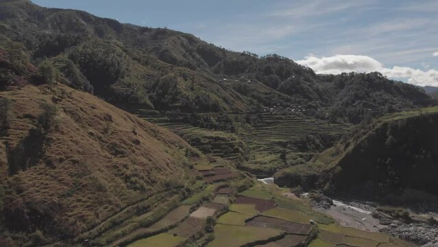 Terrace fields farms vegetable paddy approaching mountainous community revealing valley fast aerial wide angle in kabayan benguet philippines