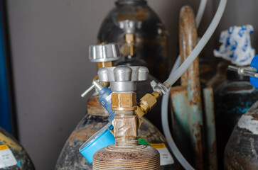 Gas cylinders for metal welding at a metalworking plant. Industrial production.