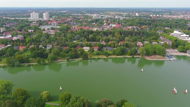 Munster: Aerial view of city in Germany, Recreational lake M&uuml;nstersche Aa (Aasee) - landscape panorama of Europe from above