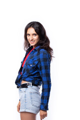 Attractive beautiful young woman smiling cheerfully with long hair brunette wearing red casual t shirt fashion lifestyle portrait pretty woman posing isolated on white background.