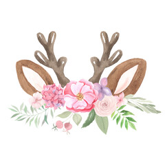 Watercolor hand painted deer animals ears with flowers
