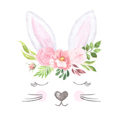 Watercolor hand painted bunny animals ears with flowers