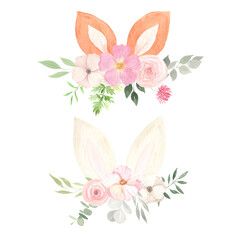 Watercolor hand painted bunny animals ears with flowers