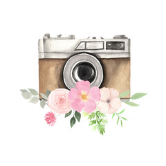 Watercolor photo camera with flowers bouquet