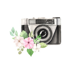 Watercolor photo camera with flowers bouquet
