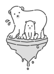 地球温暖化で北極圏の氷が解けてしまい、困っているシロクマのイラスト。