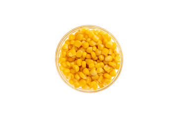 Canned corn seeds in a bowl isolated on white background, object from above, top view. Glass saucer.