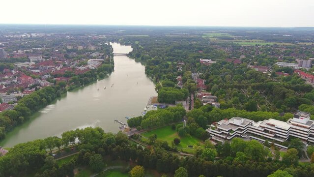 Munster: Aerial view of city in Germany, Recreational lake M&uuml;nstersche Aa (Aasee) - landscape panorama of Europe from above