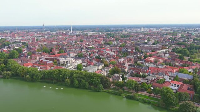 Munster: Aerial view of city in Germany, Recreational lake M&uuml;nstersche Aa (Aasee) - landscape panorama of Europe from above