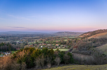 Fototapeta na wymiar Calm morning dawn view from Colley Hill Reigate on the Surrey Hills North Downs south east England
