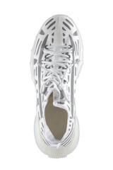 Sport shoes. White fabric trainers with gray reflective stripes.