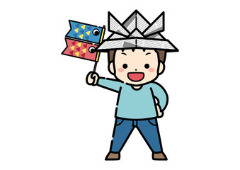 新聞紙の兜を被る男の子のイラスト　端午の節句　こどもの日　こいのぼり
