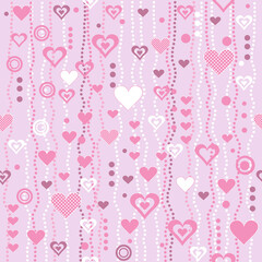 Valentines day seamless pattern with hearts, dots and circles on pink  background