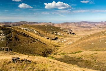 Travel to Lesotho. Landscape of mountains and grassy hills in Sehlabathebe National Park