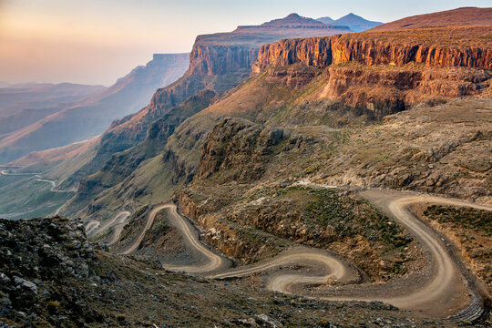 Travel to Lesotho. The winding Sani Pass dirt road between South Africa and Lesotho
