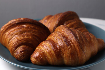 close up photo of baked butter French croissants are served in blue round dish on the white marble table in the cafe of resort hotel on summer holiday morining