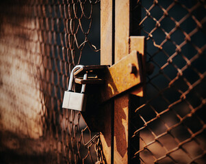 A lock hangs on the old rusty mesh broken gate, closing them, illuminated by sunlight. Abandoned...