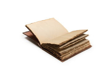 An open empty old notebook isolated on a white background.