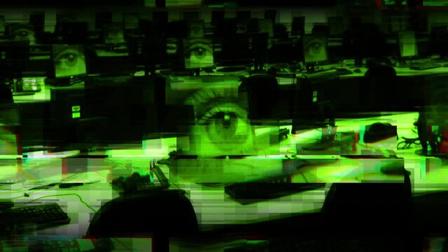 Glitchy panning CCTV footage of a huge room of computers with large eyes on the monitors; surveillance, big brother, watching you, control, paranoia