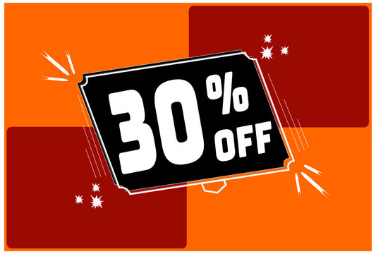 30 percent discount. 30% discount. Orange banner with floating balloon for promotions and offers.