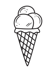 Black outline ice cream cone icon. Doodle silhouette of dessert snack. Hand drawn fast food drawing. Vector illustration of dairy product