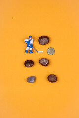 Chestnut and toy on yellow background, flat