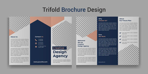 Creative business trifold brochure flyer template layout design. hexagon and a place for photos. Vector triple folding brochure for business and advertising.