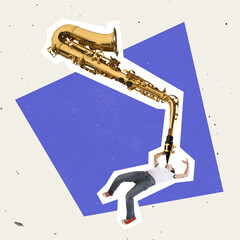 Contemporary art collage. Creative man lying and playing saxophone isolated over multicolored...