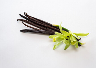 Vanilla pods undergo a aging process until they are browned with vanilla flowers on a white...
