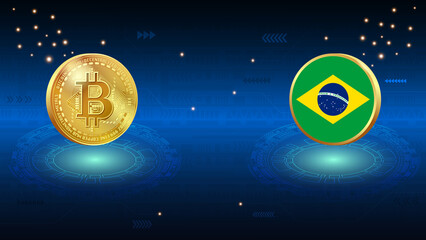 Brazil flag and Bitcoin crypto currency illustration concept for banner, website, landing page, ads, flyer template.