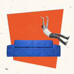 Creative design. Young man falling down on long blue sofa after hard day
