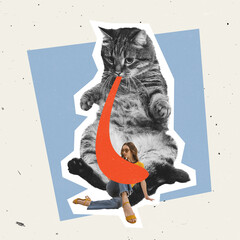 Creative design. Giant cute cat licking young girl, taking care