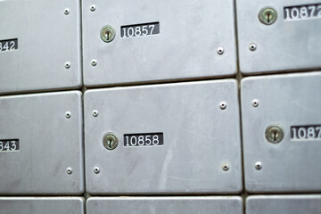 Locker rows mail boxes in the Israel Post Office. Private metal mailbox. Selective focus
