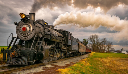 Fototapeta na wymiar A Close View of An Approaching Steam Passenger Train Traveling Thru Farmlands on a Cloudy Winter Day