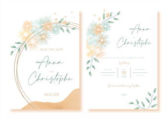 Elegant wedding invitation in Rustic stile with watercolor floral. Vector 
