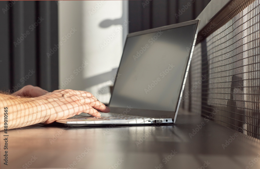 Poster female hands closeup typing text on laptop keyboard. woman using computer for work, information sear