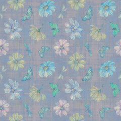 Seamless botanical abstract pattern. A background of flowers and butterflies for design, packaging, printing, wallpaper and scrabbooking.