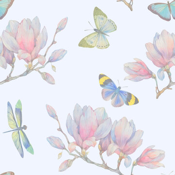 Seamless pattern of butterflies and magnolia flowers. Watercolor illustration for design, ready-made seamless background with delicate flowers and bright butterflies.