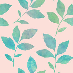 Prints of abstract branches with leaves repeating seamless pattern. Digital hand drawn picture with watercolor texture. Leaves seamless watercolor pattern. endless motif for textile decor and design