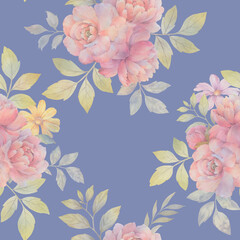 Wallpaper for design, printing, packaging. Abstract bouquet of flowers. Seamless botanical pattern of peony flowers with leaves on a bright background.