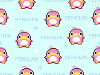 Penguin cartoon character seamless pattern on blue background.Pixel style