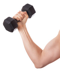 A man holds a dumbbell in his hand. White background