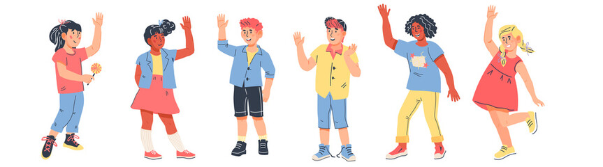 Group of multicultural diverse smiling children. Multiethnic boys and girls waving hands and say Hello, flat cartoon vector illustration isolated on white background.