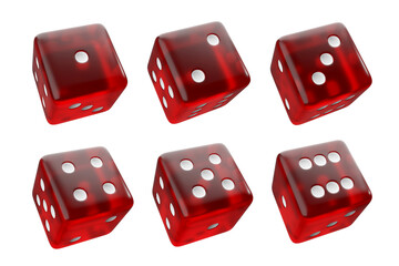 Dice red number 1-6 3D illustration on a white background with clipping path.