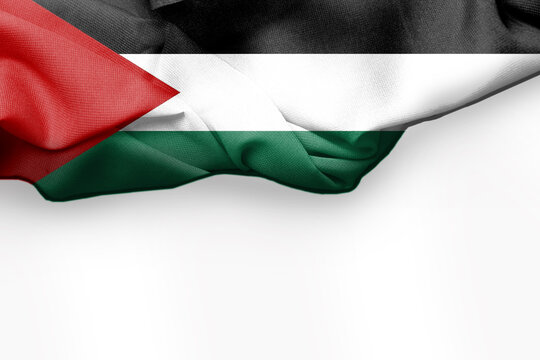 Raising the Palestinian flag with blank spaces. Abstract waving flag on gray background. 3d illustration.